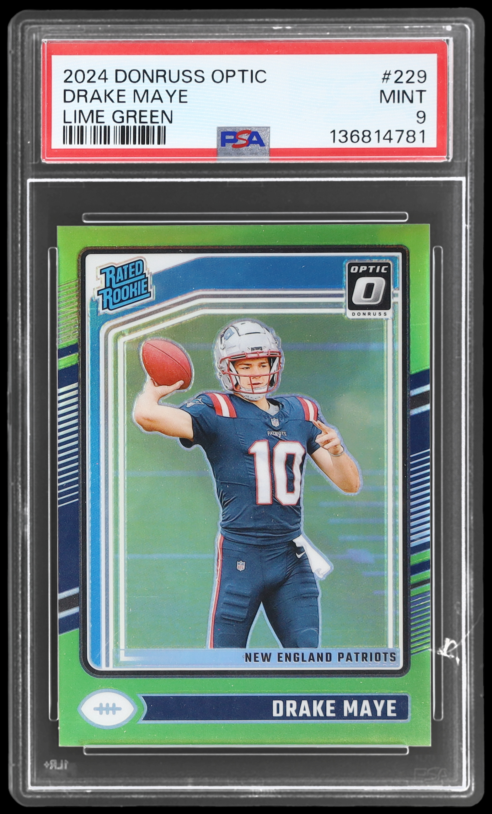 2024 Donruss Optic Drake Maye #229 PSA 9 RC Lime Green 12/50 Football Mint