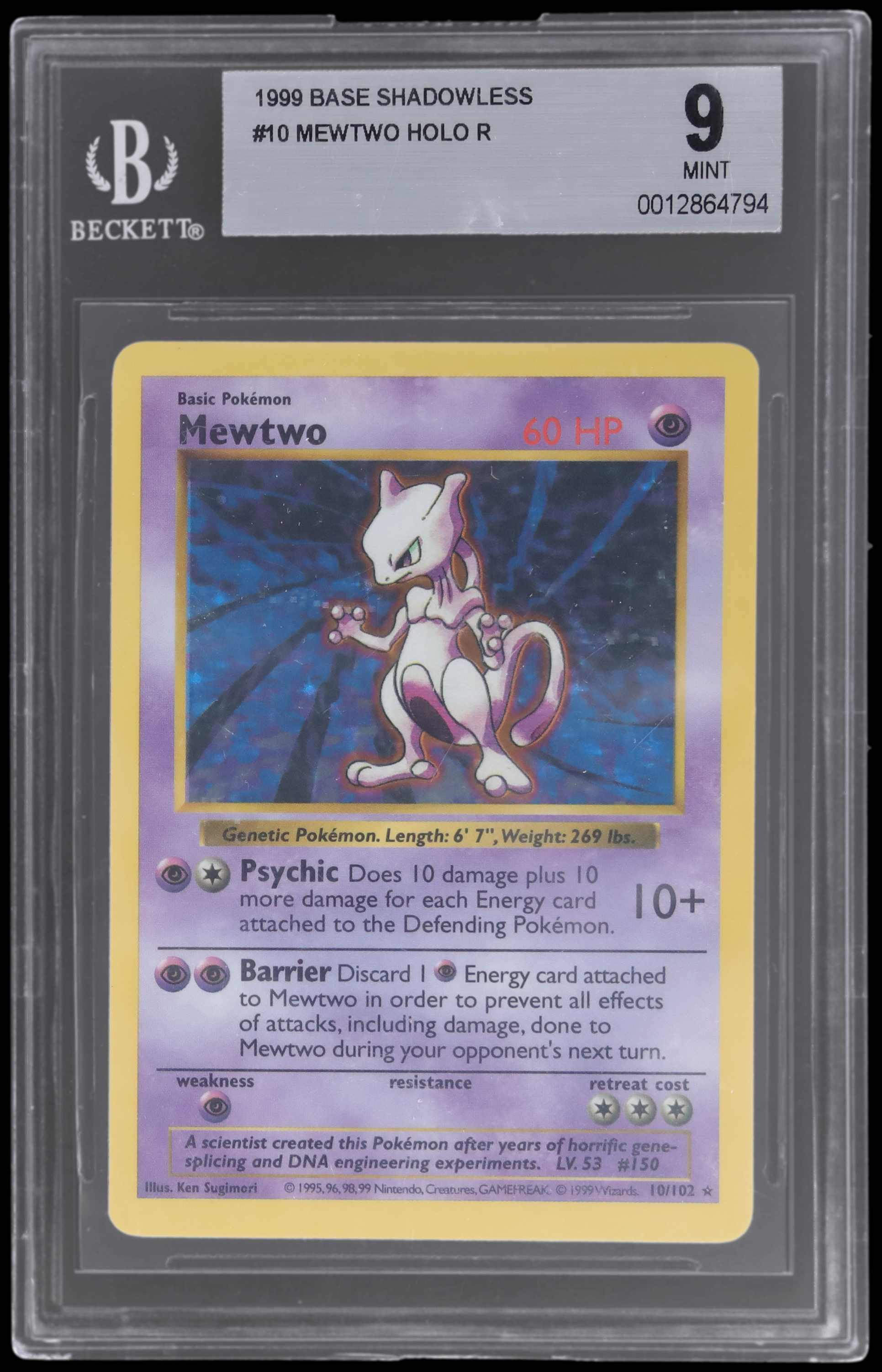 1999 Pokemon Base Set Mewtwo #10 BGS 9 Shadowless Holo Mint