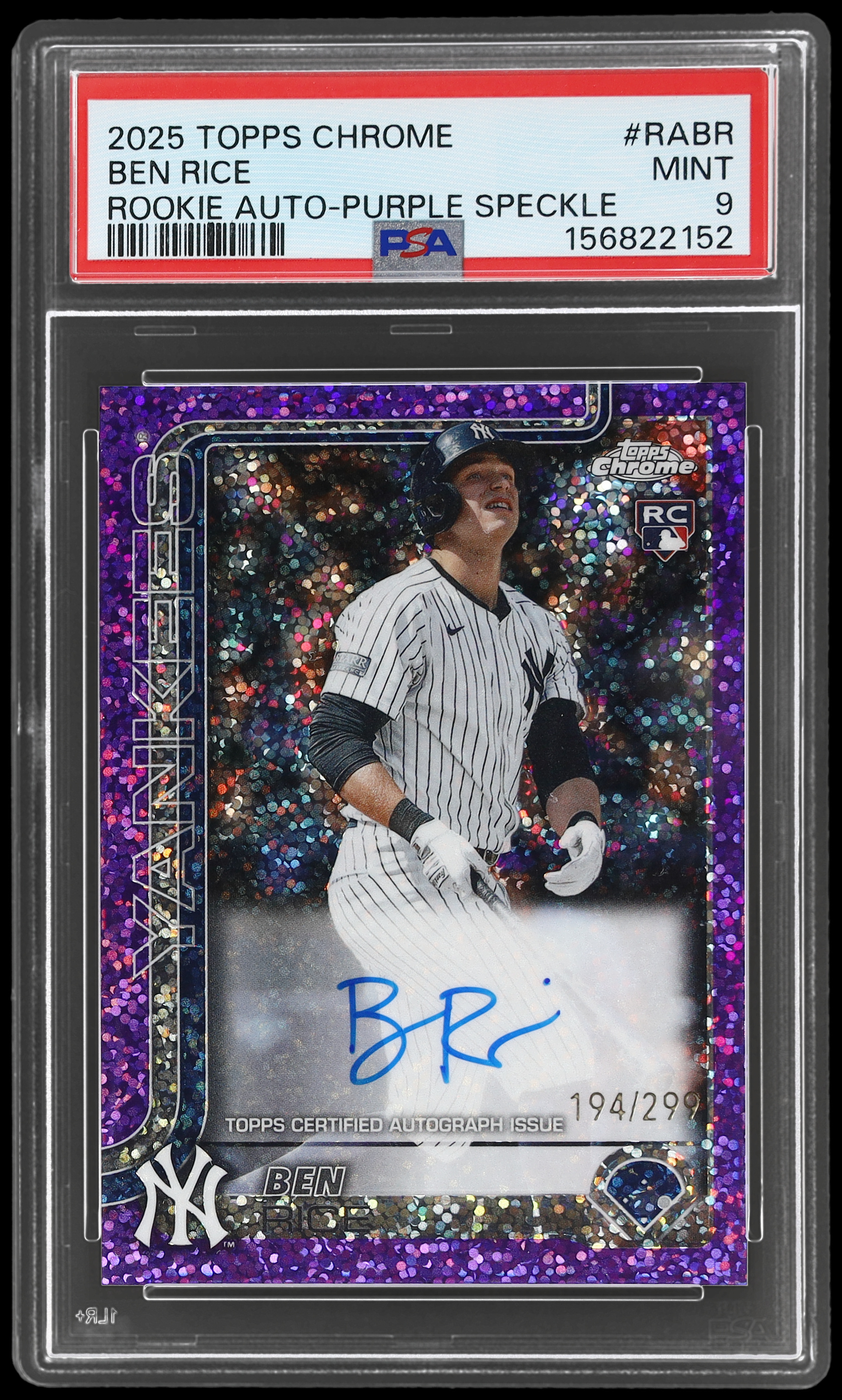 2025 Topps Chrome Ben Rice #RA-BR PSA 9 RC Rookie Autograph Purple Speckle Mint