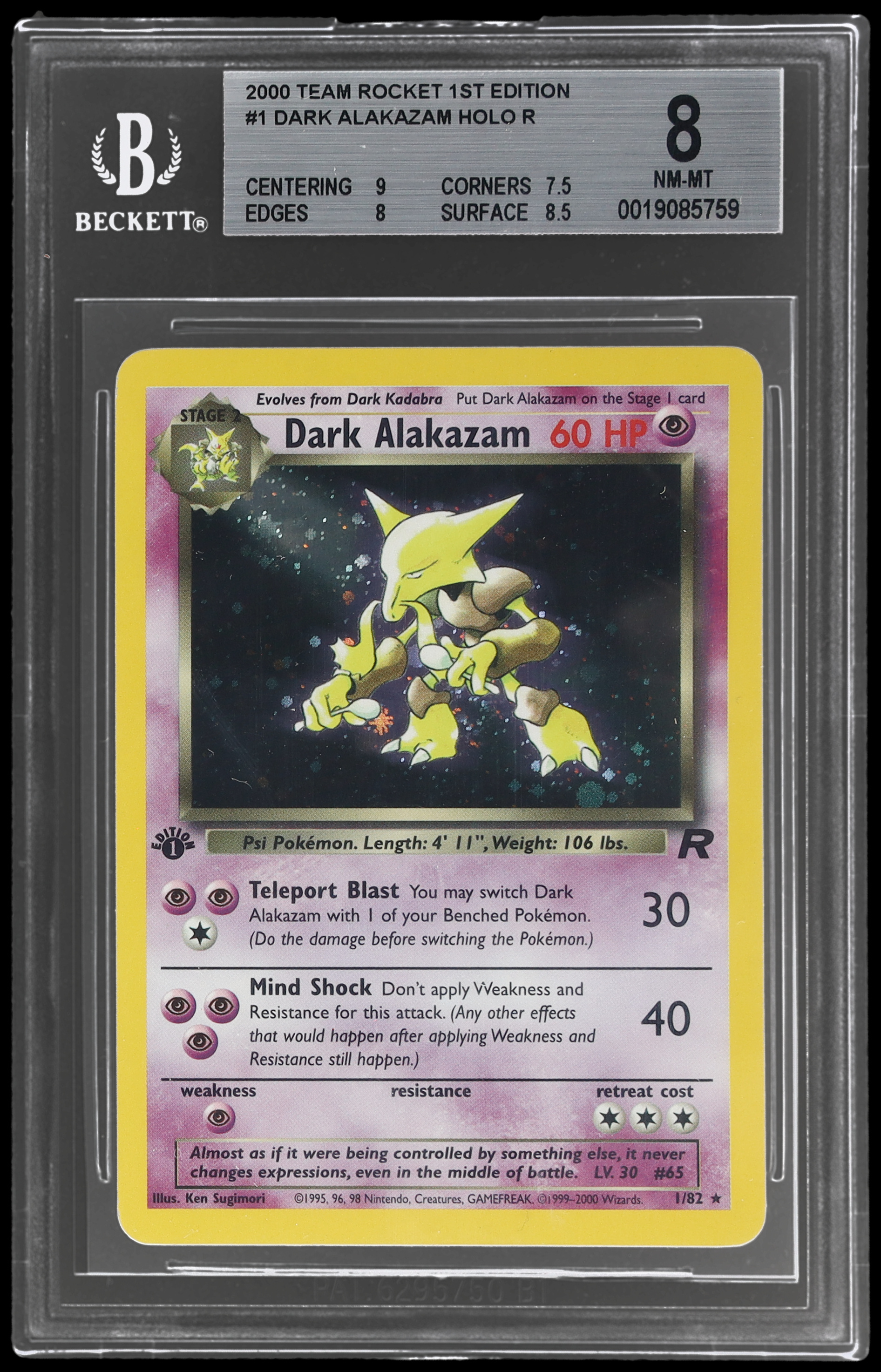 2000 Pokemon Team Rocket Dark Alakazam #1 BGS 8 1st Edition Holo NM-MT