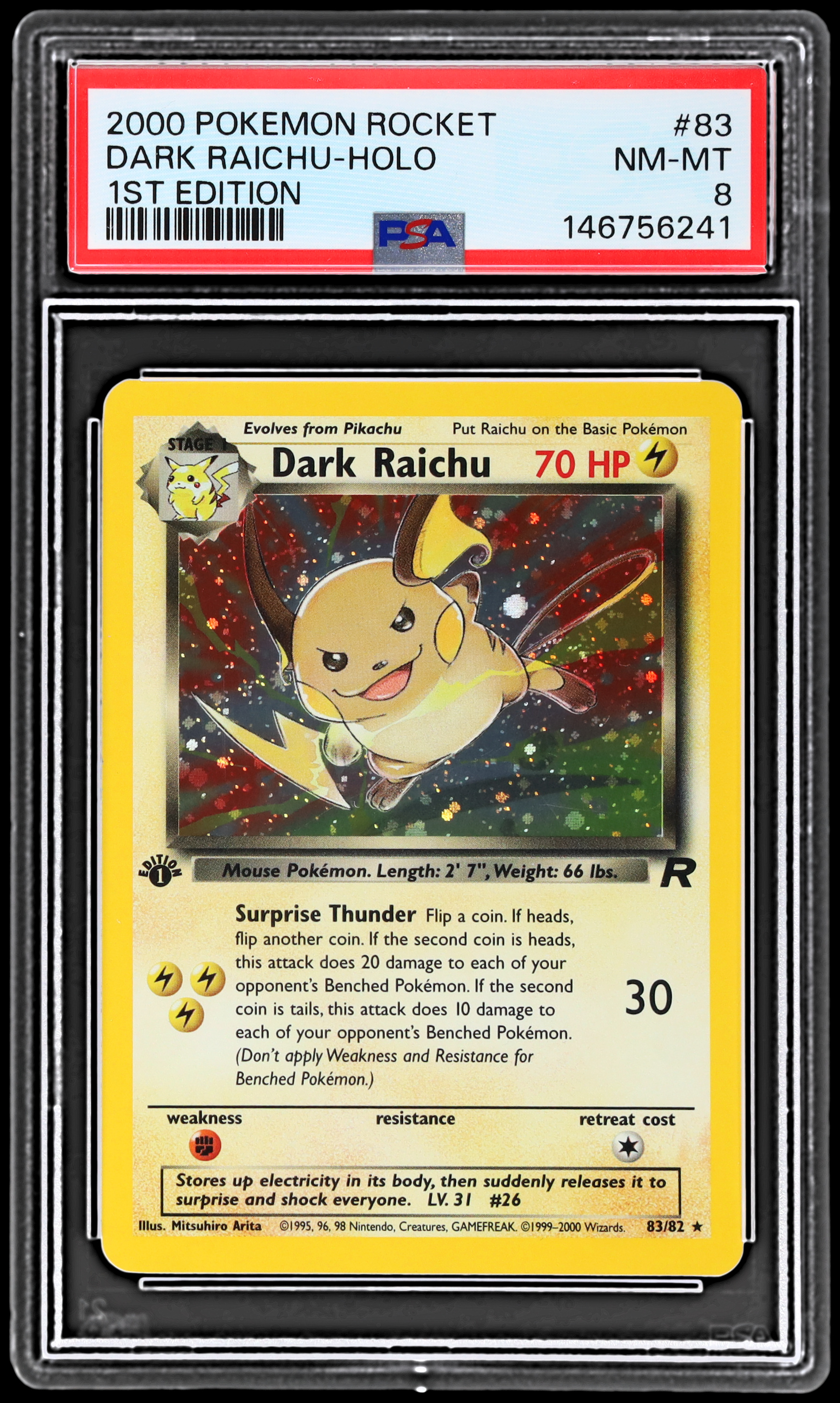 2000 Pokemon Team Rocket Dark Raichu #83 PSA 8 1st Edition Holo NM-MT