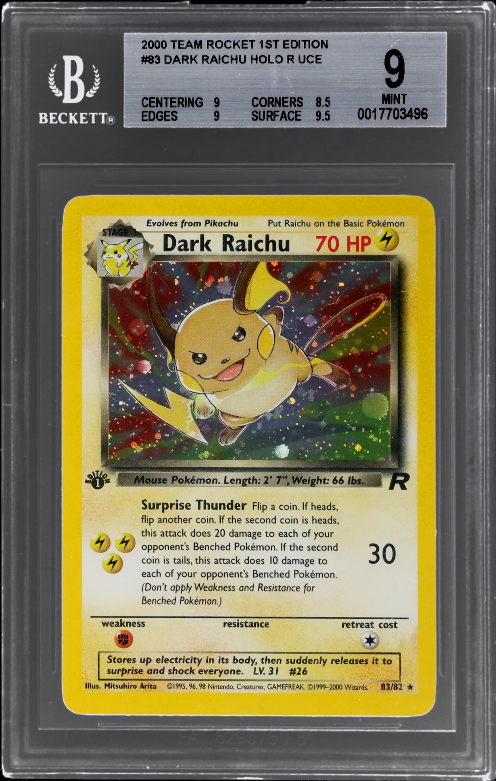 2000 Pokemon Team Rocket Dark Raichu #83 BGS 9 1st Edition Holo Mint