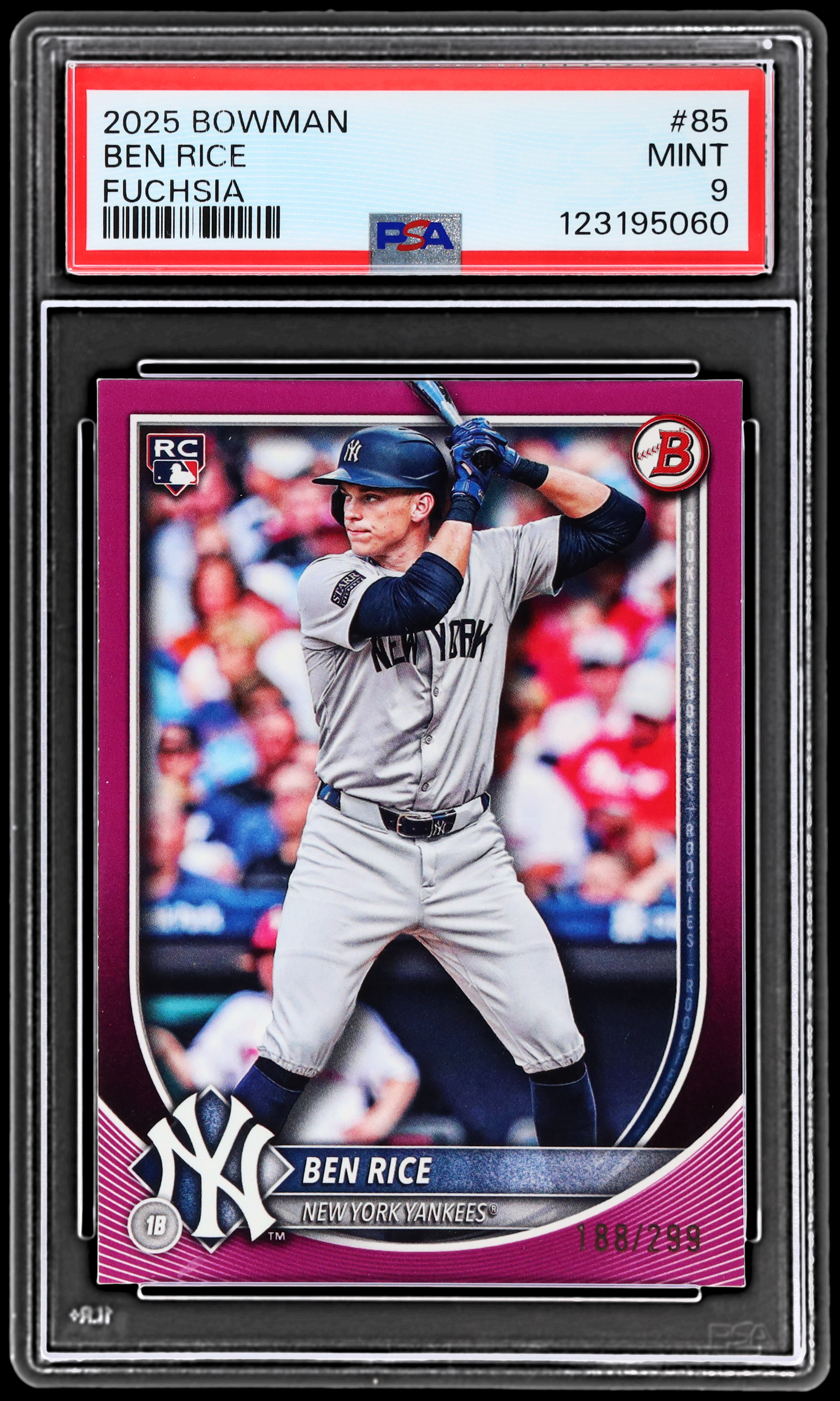 2025 Bowman Ben Rice #85 PSA 9 RC Fuchsia 188/299 Baseball Mint
